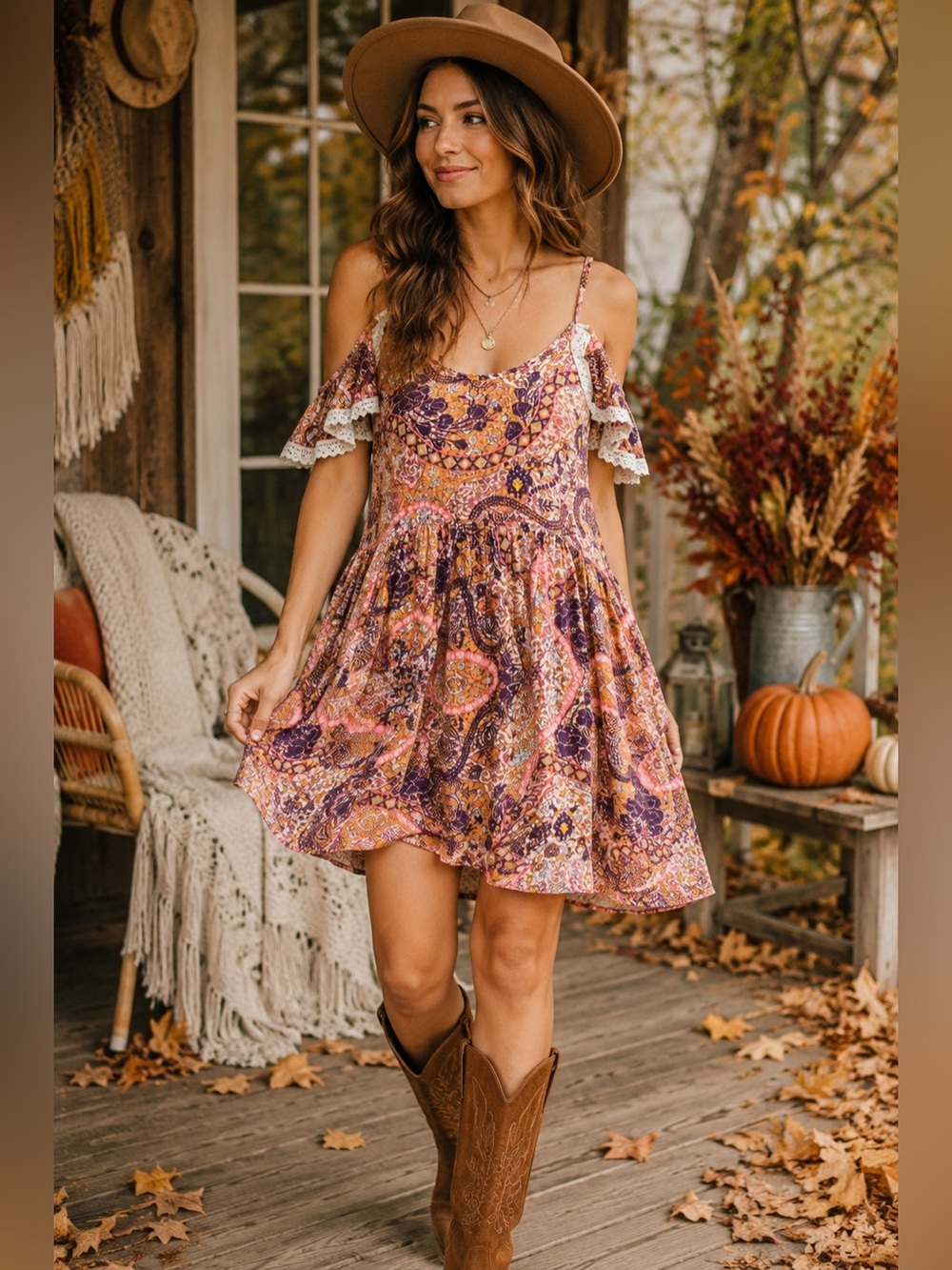 Grace & Lace Boho Paisley Cold Shoulder Mini Dress XS Lace Trim Rayon